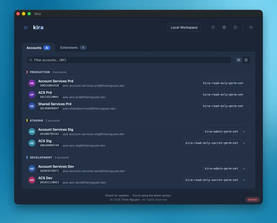 Kira’s multi-account overview — production, staging, and development accounts in one place