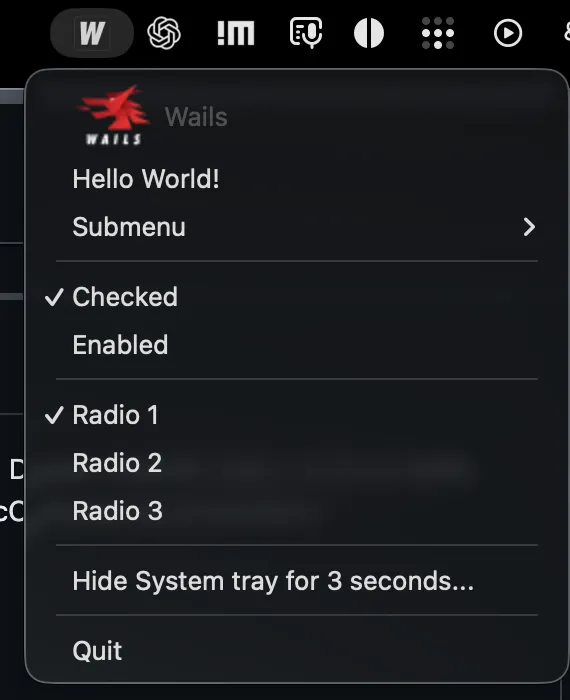 A Wails system tray menu, opened from the macOS menu bar